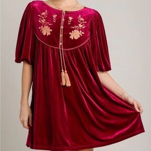 Umgee Red Velvet Embroidered Mini Dress NWT M Tassel Tie Ballon Sleeve Feminine